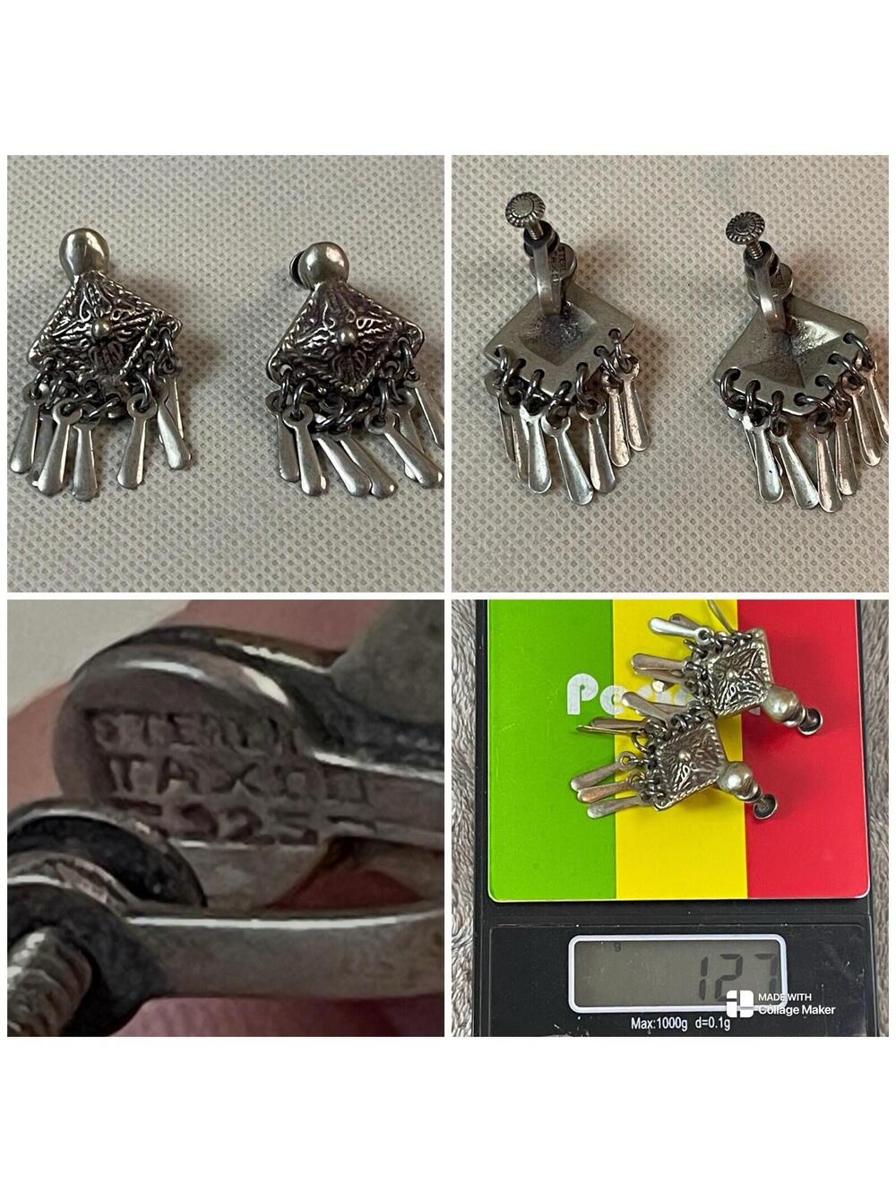 Vintage Taxco Mexico Sterling Silver Screw Back Dangle Earrings Tribal !!